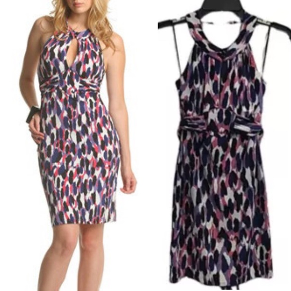 GUESS Keyhole Halter Open Back Multicolor Purple Pink Tie Back Mini Dress Sz L - Picture 2 of 9